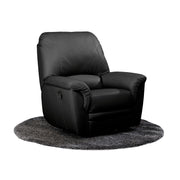 Ariel-recliner mustalla Soft Antique 0100 -nahka/keinonahkaverhoilulla ja mekanismin nappilaukaisulla. Kuvan nappilaukaisin ja matto myydään erikseen.